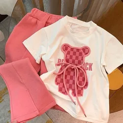 Summer Baby Girls Clothes Set Toddler Kid Cartoon Bear Tshirt and Flared Pants Suit Children Short Sleeve Top Bottom Tracksuit