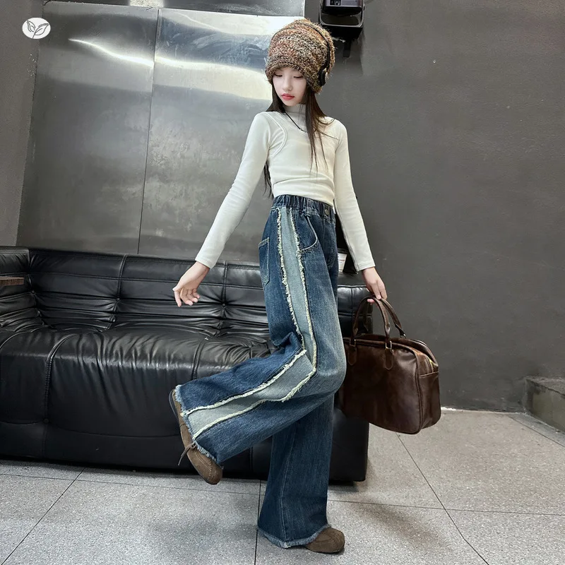 2026 Spring Autumn Girls Jeans High Waist Wide Leg Pants Kids Baggy Trousers Frayed Splice Denim Teenagers Casual Streetwear