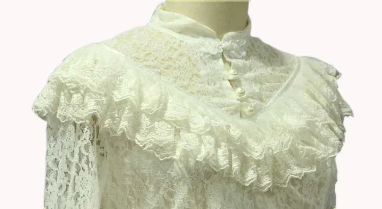 Vintage Lolita Sweet Female Lace Blouse White/Black Sheer Long Sleeve Illusion Neck Lace Top with Ruffles