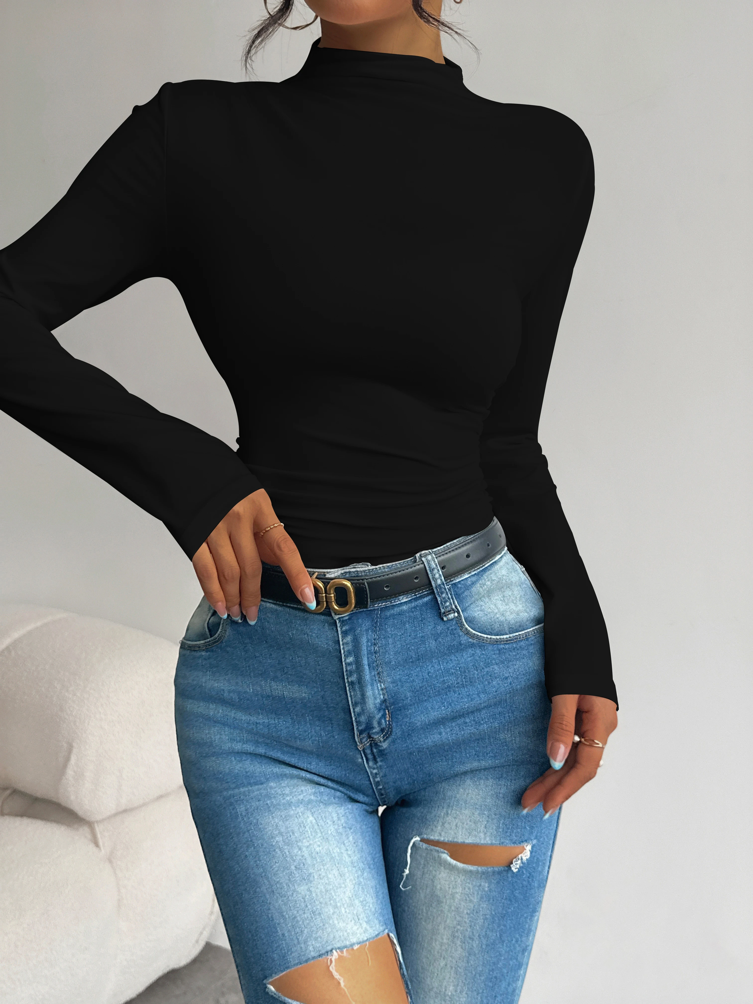 Halbhoher Kragen, plissierte Taille, schlank machendes, langärmliges Basic-Shirt für Damen, vielseitiges Oberteil für Frühling und Herbst. – Detail 17