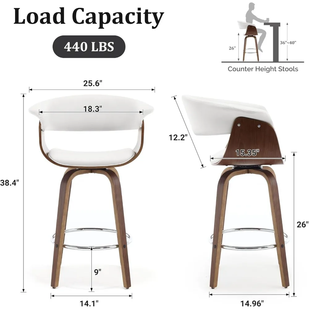 Counter Height Bar Stools Set of 2 Mid Century Modern Swivel Counter Stools, PU Leather Upholstered Barstools with Backs