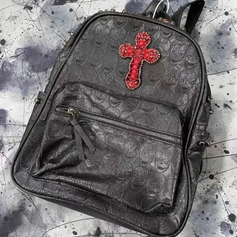 Streetwear Vintage Punk Cross Skull Backpack Y2k Aesthetic Haruku Gothic Handbags Women Casual Retro Rivet Students Backpacks