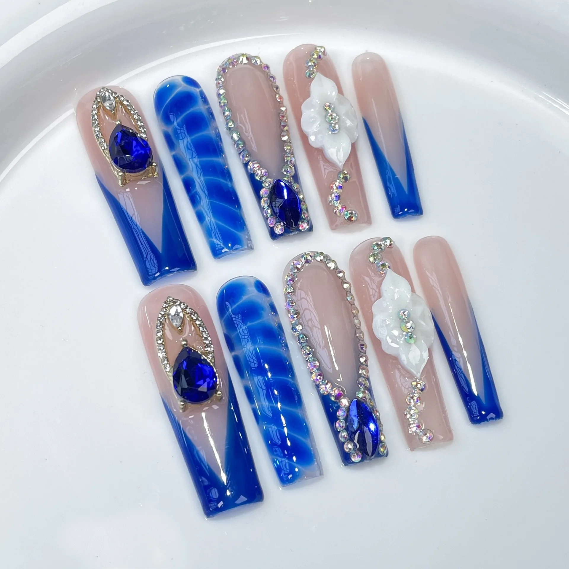 10 stuks 3D bloem druk op nagels 3D Wave Diamond kunstnagels Franse kleurrijke volledige dekking lange doodskist afneembare nepnagels handgemaakt