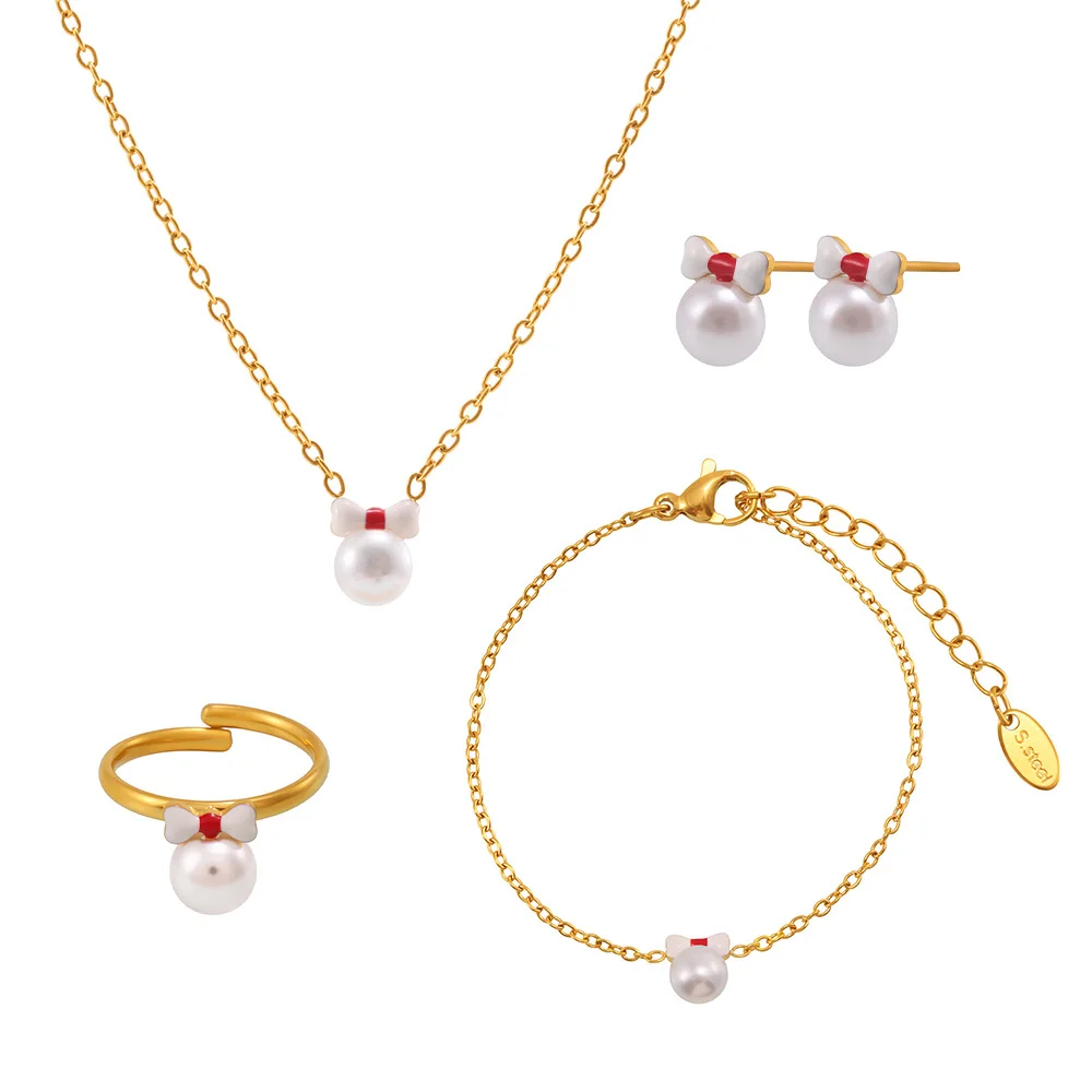

MARKA Bow High Gloss Non Trace Bead Necklace Bracelet Ring Earrings Small and Fun Girls Stainless Steel Set