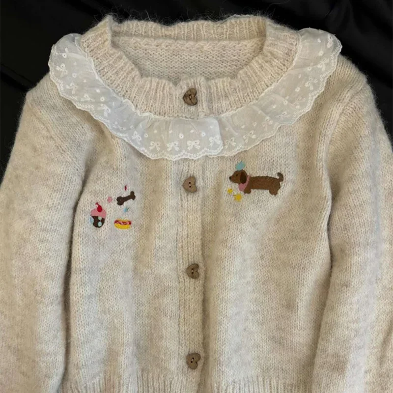 Cárdigan de encaje de retales con cuello para mujer, suéter, chaqueta, Otoño Invierno, bordado, suave, versátil, suéter de punto para mujer
