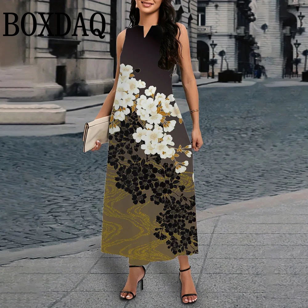 Senhoras primavera verão vestido longo sexy tanque com decote em v vestidos de praia casuais flores elegantes 3d impresso solto vestidos vintage para mulher