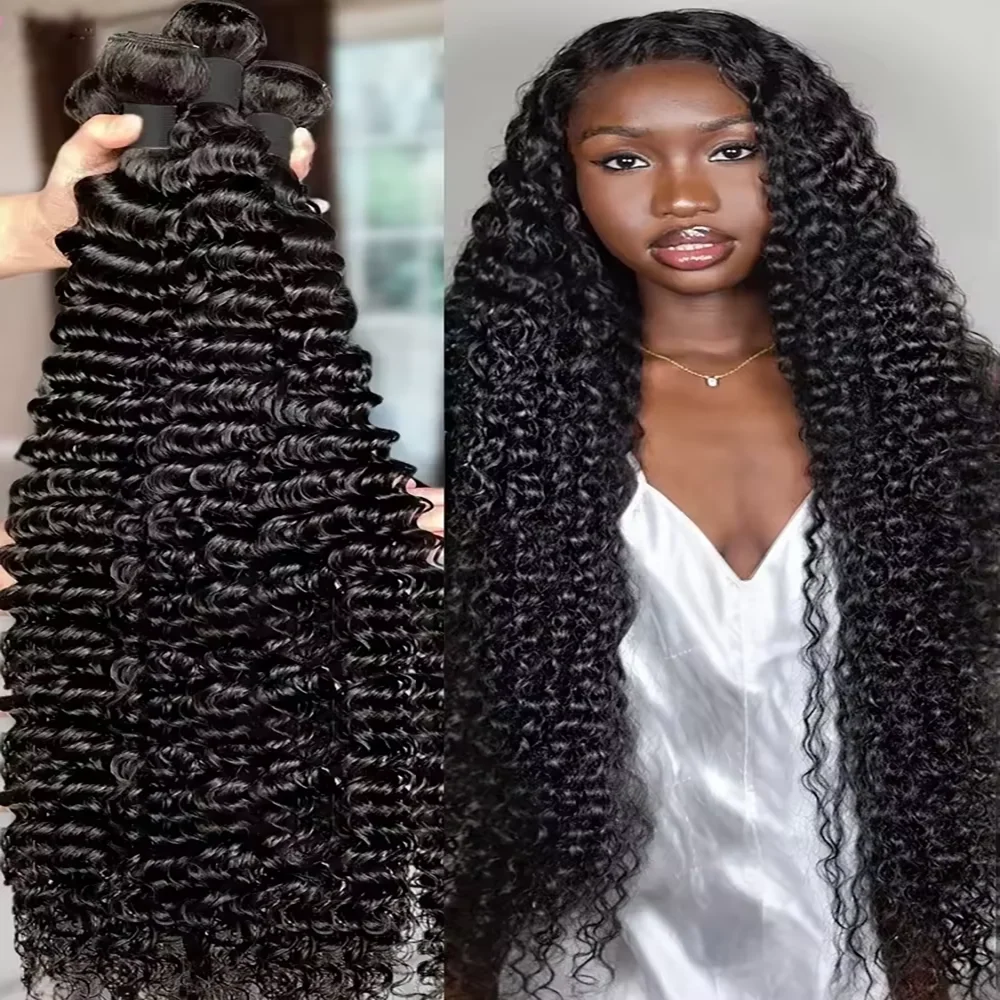 Deep Wave 28 34 38 บราซิล 100% Remy Hair Extensions เปียกและหยัก Curly Human Hair 3/4 Pcs ชุดดิบผม