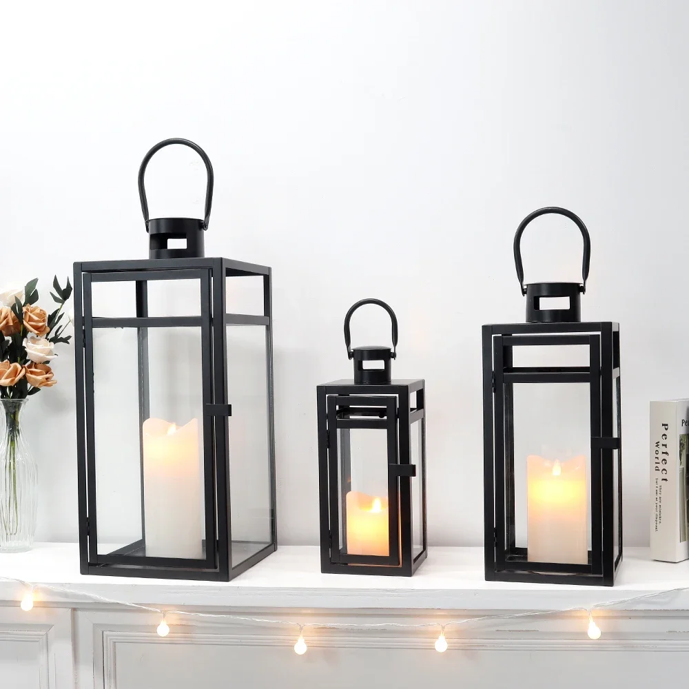 Modern Large Black Lantern Garden Hanging Metal Candle Holder Home Outdoor Decorative Lanterns For Candle