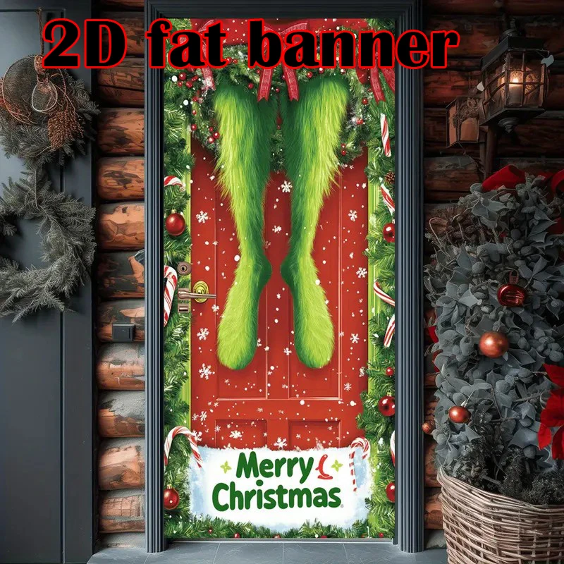 

Christmas Door Curtains Green Haired Monster Party Decorations Green Red Door Covers Festive Courtyard Banners Photo Background