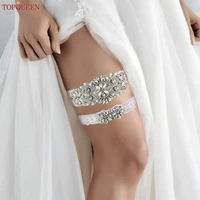 TOPQUEEN-Conjunto de Liga Sexy para chicas, encaje blanco, nupcial para mujer, cinturón de diamantes de imitación plateados, ligas de boda negras para vestido de novia S76