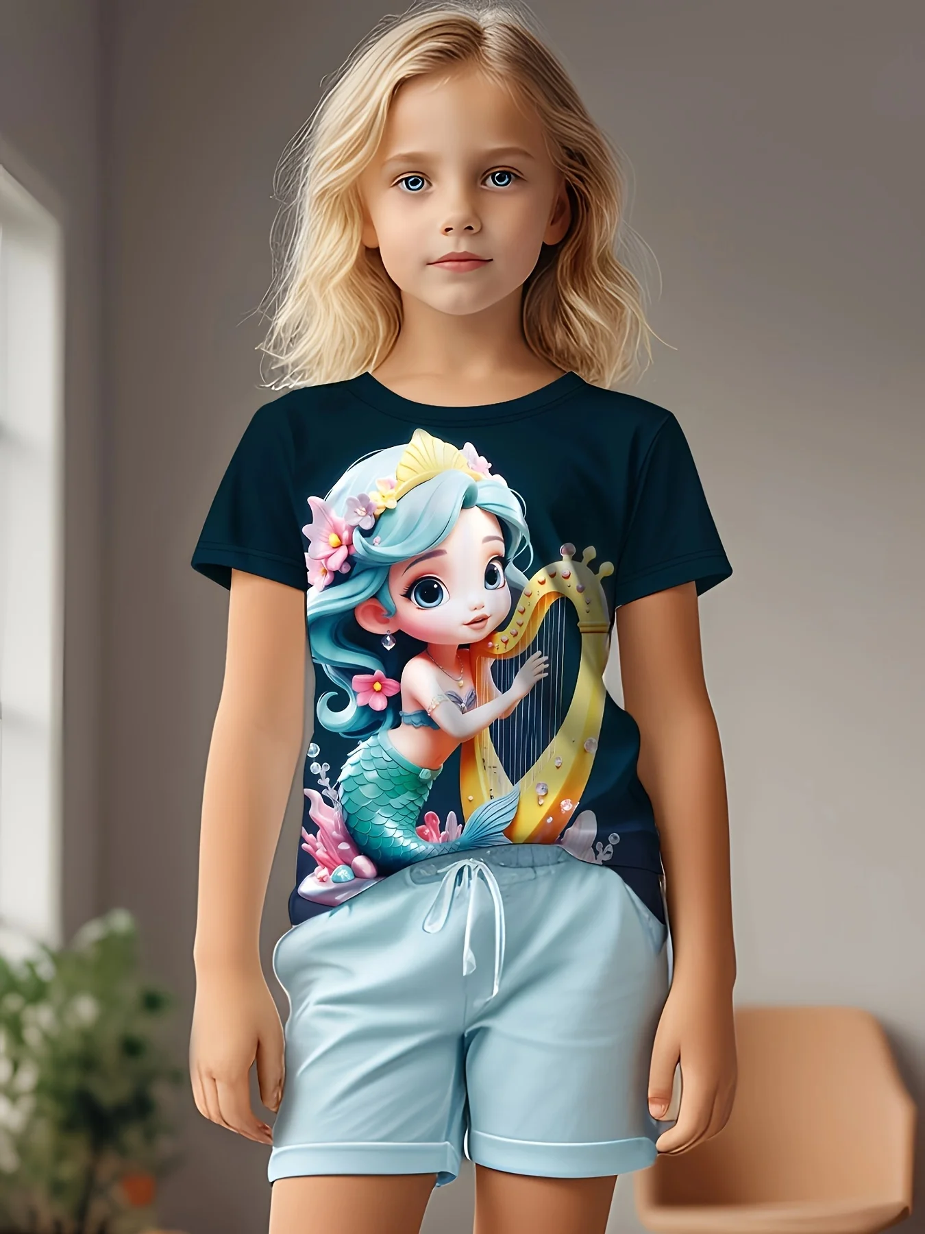 Cute Mermaid Print Crew Neck Short Summer Kids Boys   and Girls Short Sleeves Comfortable Top