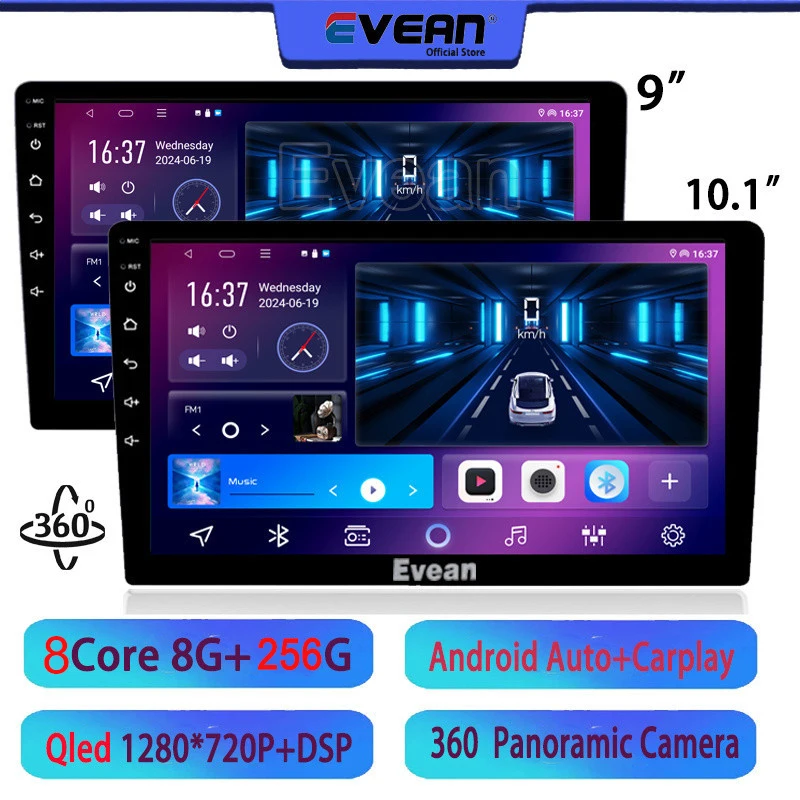 

Evean 8G 256G Octa Core 360 Car Radio Wireless Carplay And Android Auto QLED 2 din Multimedia Player