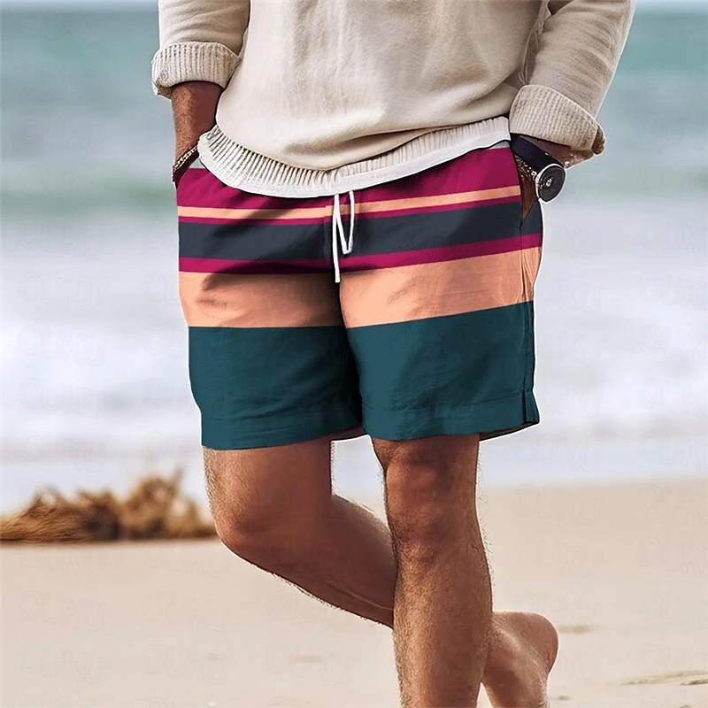 Stripe Colorful 3D Printed Short Pants For Men Clothes Color Splicing Beach Shorts Harajuku Fashion Vacation  Hawaiian Bermudas