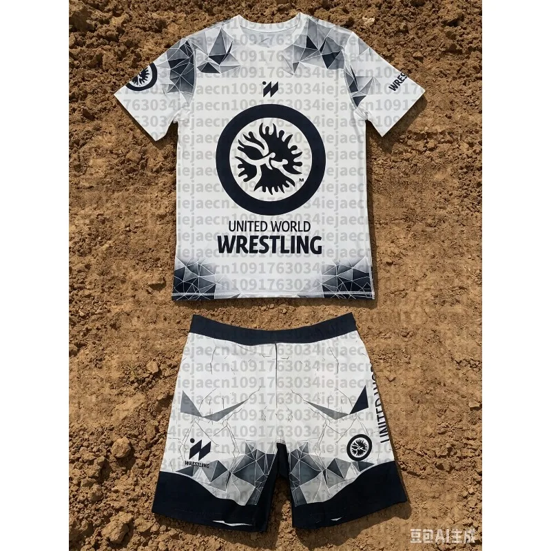 2026 New Summer Men United World Wrestling Sportswear Set Short Sleeve T Shirt and Shorts for MMA Training Lightweight