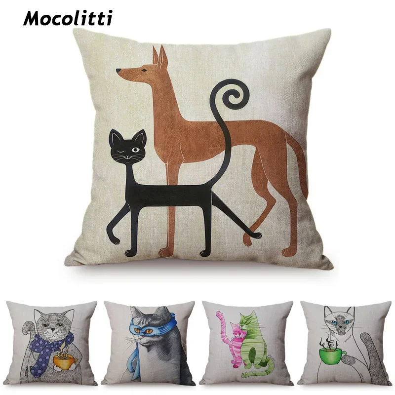 Cats And Dog European Style Sketch Art Simple Indoor Sofa Decorative Throw Pillow Case Cotton Linen Square Cushion Cover 45x45cm