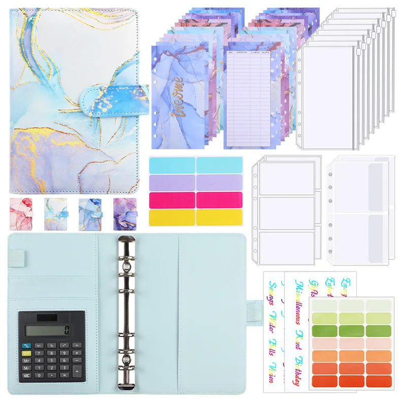 A6 Marble with Calculator Money Budget Planner Binder Zipper EnvelopesCash Envelopes For Budgeting Money Organizer Binde