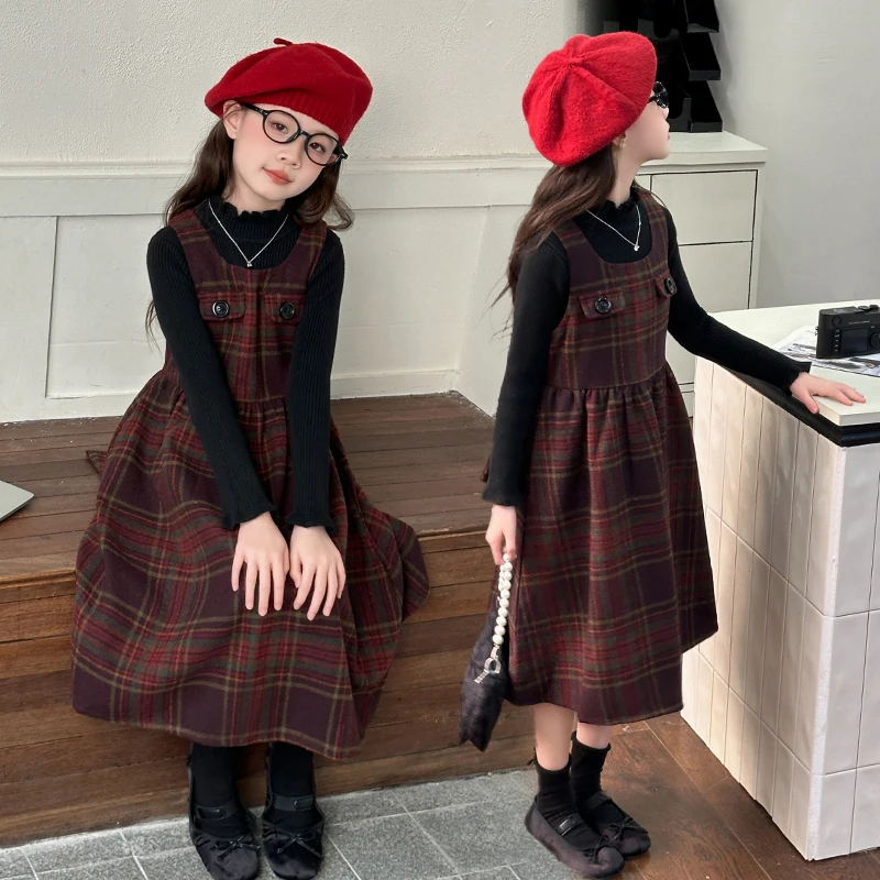 

Girl Clothes Sets Size 4-14Y Kid Dress Sets AW25 Plaid Tweed+Undershirt Collection Baby Girl England Style Bow Vest Dress Suit