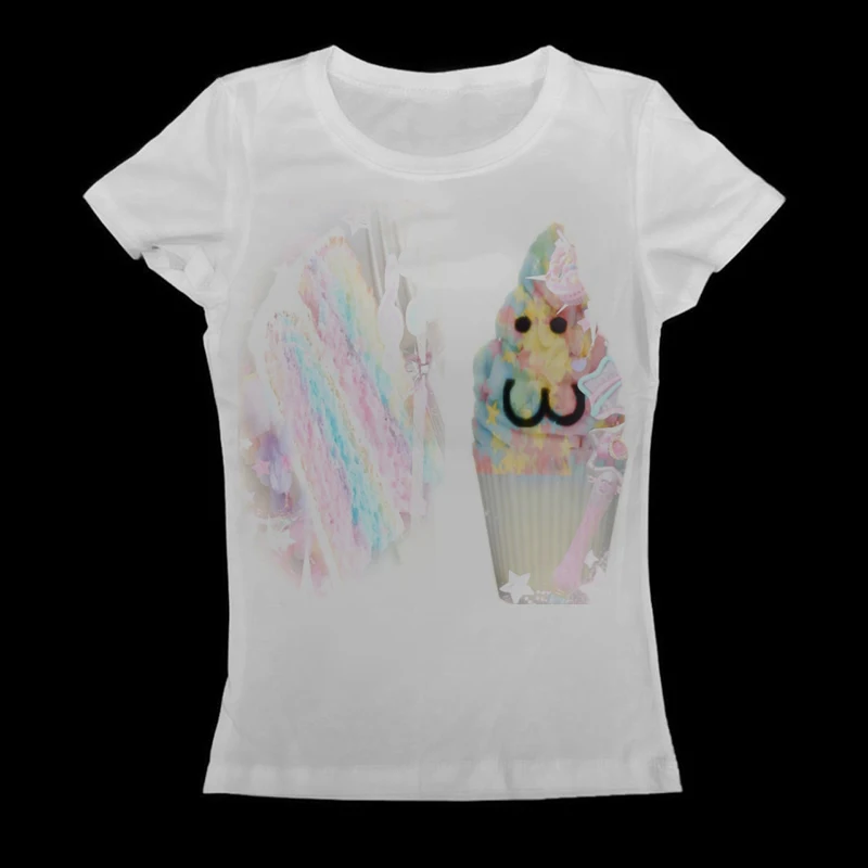Women White Slim T-Shirt Rainbow Cupcake Ice Cream Cartoon Face Print Tee Kawaii Pastel Harajuku Y2K Streetwear Short Sleeve Cas
