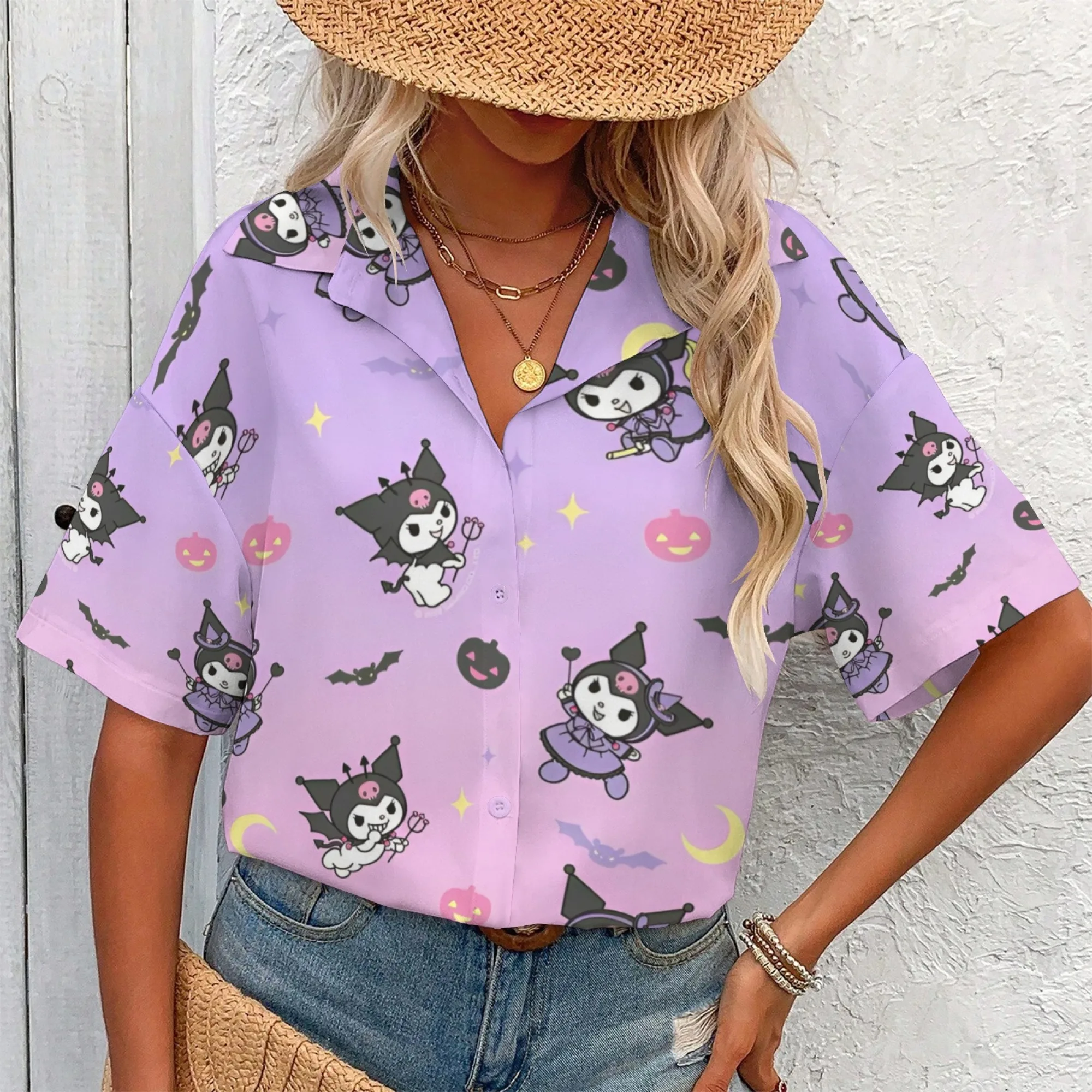 Kemeja Kuromi Huruf Kemeja Kuromi Lengan Panjang Atasan Uniseks Wanita Ulasan Korea Banyak Pakaian Kaus Besar Pakaian Wanita Y2k