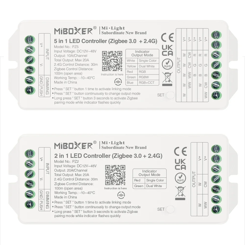 Miboxer Zigbee 3.0 +2,4G RF светодиодный контроллер PZ2 2IN1 PZ5 5IN1 Max 20A для одноцветных/двойных белых/RGB/RGBW/RGB+CCT светодиодных лент