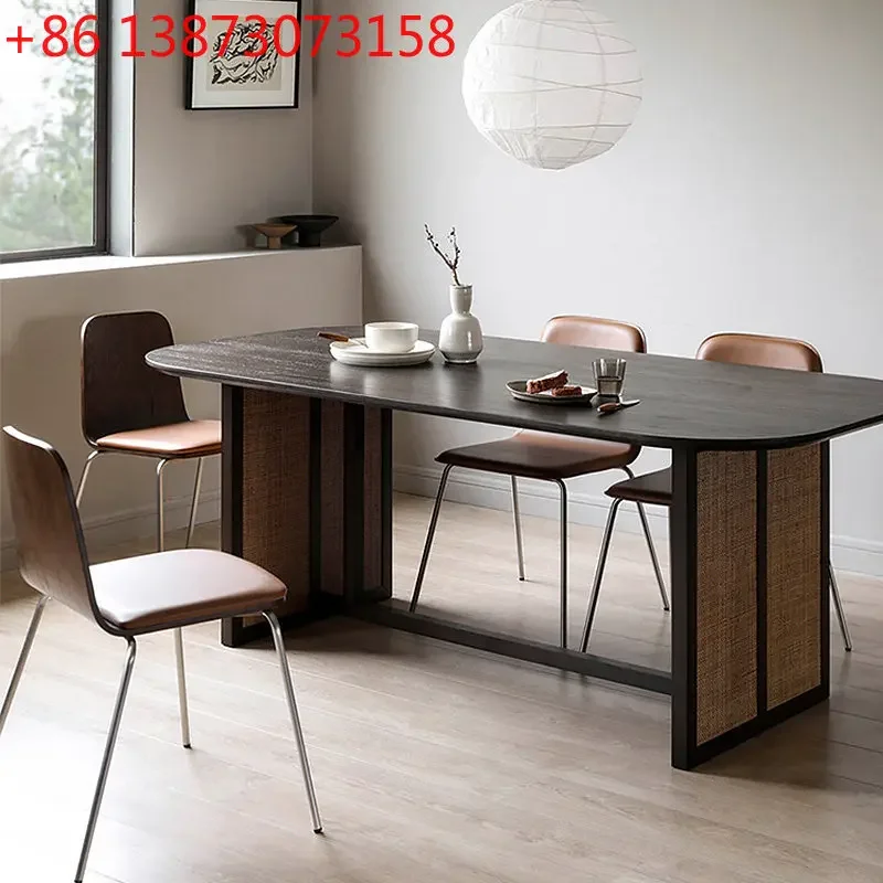 Nordic solid wood small apartment home retro wabi wind restaurant hotel oval rattan western dining table