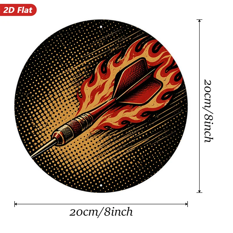 2D Flat, 1pc Retro Flaming Dart Round Metal Sign Wall Art, Dart Surrounded by Flames, Black And Golden Halftone Burst, Suitable
