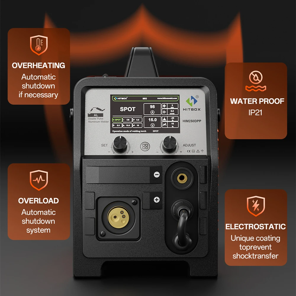 HITBOX 200A Aluminium 7 in 1 Semi-Automatic Welding Machine MMA/Gas Flux Core MIG/LIFT TIG Dual Pulse IGBT Inverter Spot Welding