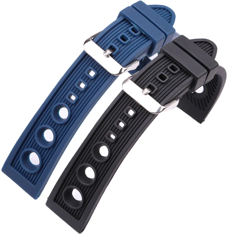 Silicone Soft Watch band Strap 22mm Black Blue Women Men Waterproof Rubber Watchband Bracelet Stainless Steel Polished Buckle