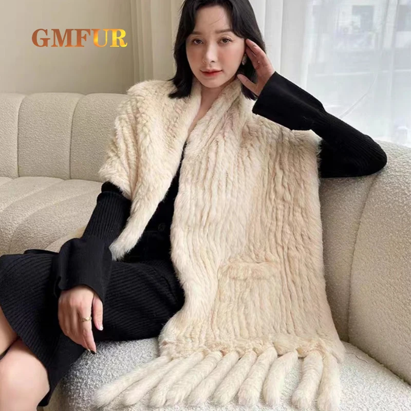 

Women 100% Natural Rex Rabbit Fur Muffler Winter Warm Knit Fur Scarves Fashion Thick Luxury Big Shawl Ladies Knit Scarfs Lady