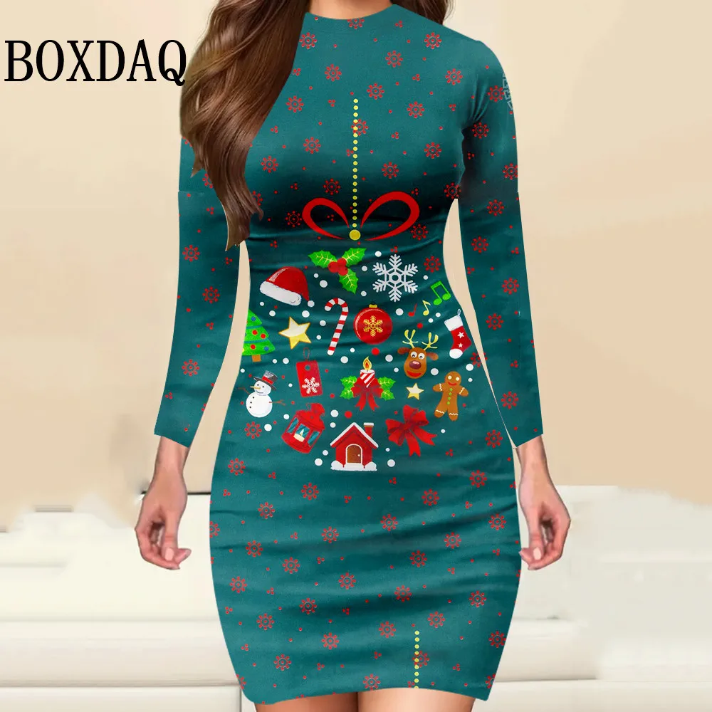 Damska sukienka z długim rękawem, świąteczny nadruk 3D, dopasowana sukienka bodycon z okrągłym dekoltem, elegancka, modna, zimowa sukienka mini na imprezę, odzież 2025