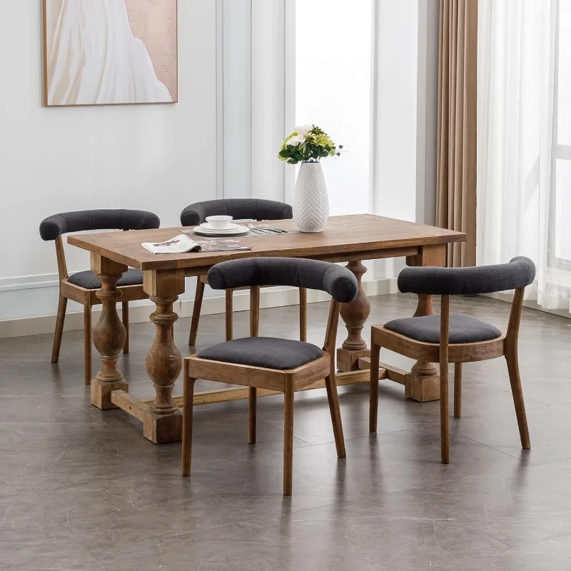 Wood Dining Chairs Set of 4, Mid Century Modern Living Room Chairs with Unique Curved Open Back Comfy Linen Upholstered Side Cha