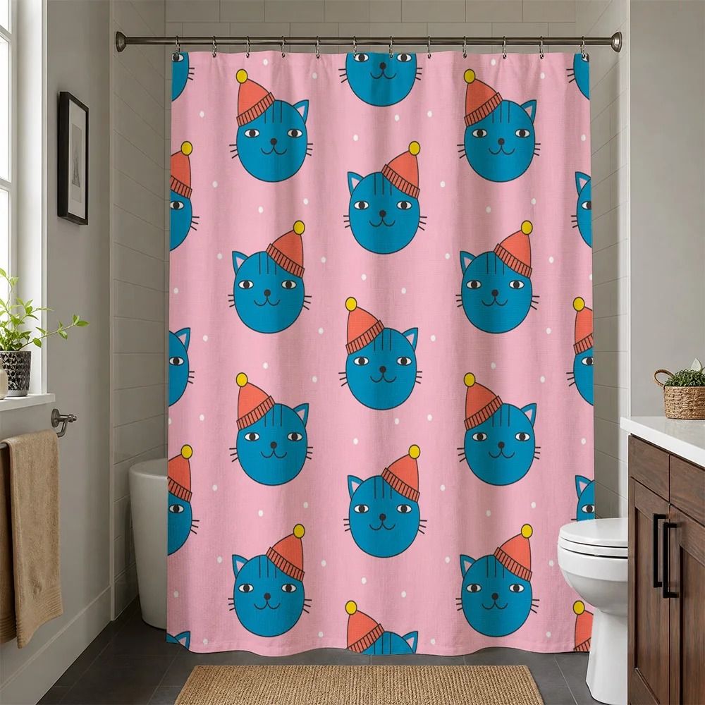 Cute Cat Pattern Shower Curtain Pink Waterproof Bathroom Decor Kids Shower Liner Novelty Cartoon Animal Print Nursery Shower Cur