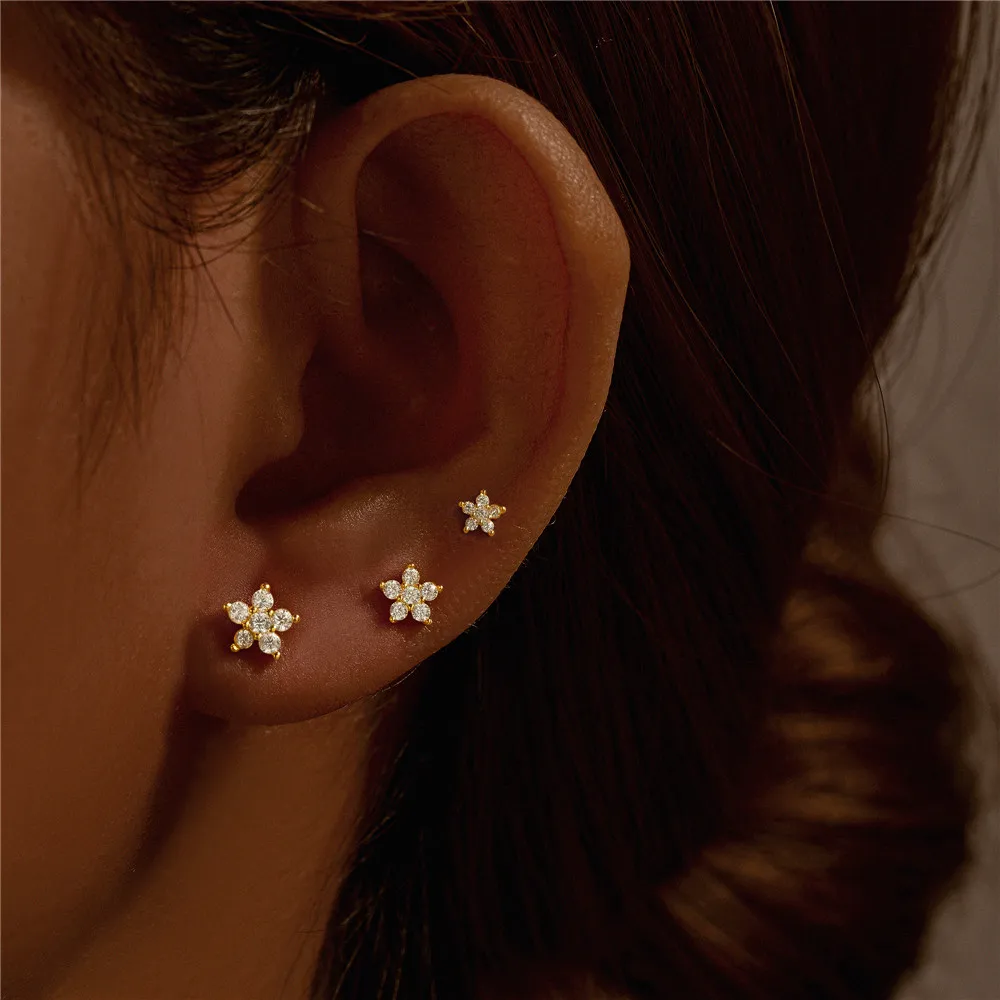 CANNER 3pcs/ Set S925 Silver Mini Zircon Flowers Stud Earrings Set for Women Piercing Earring Exquisite Jewelry Gifts Brincos