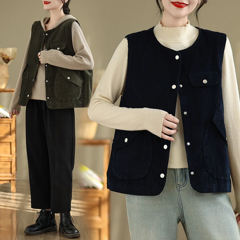 

Новый весенний хлопковый вельветовый жилет в стиле ретро, женский большой круглый жилет на одной пуговице, однотонный топ