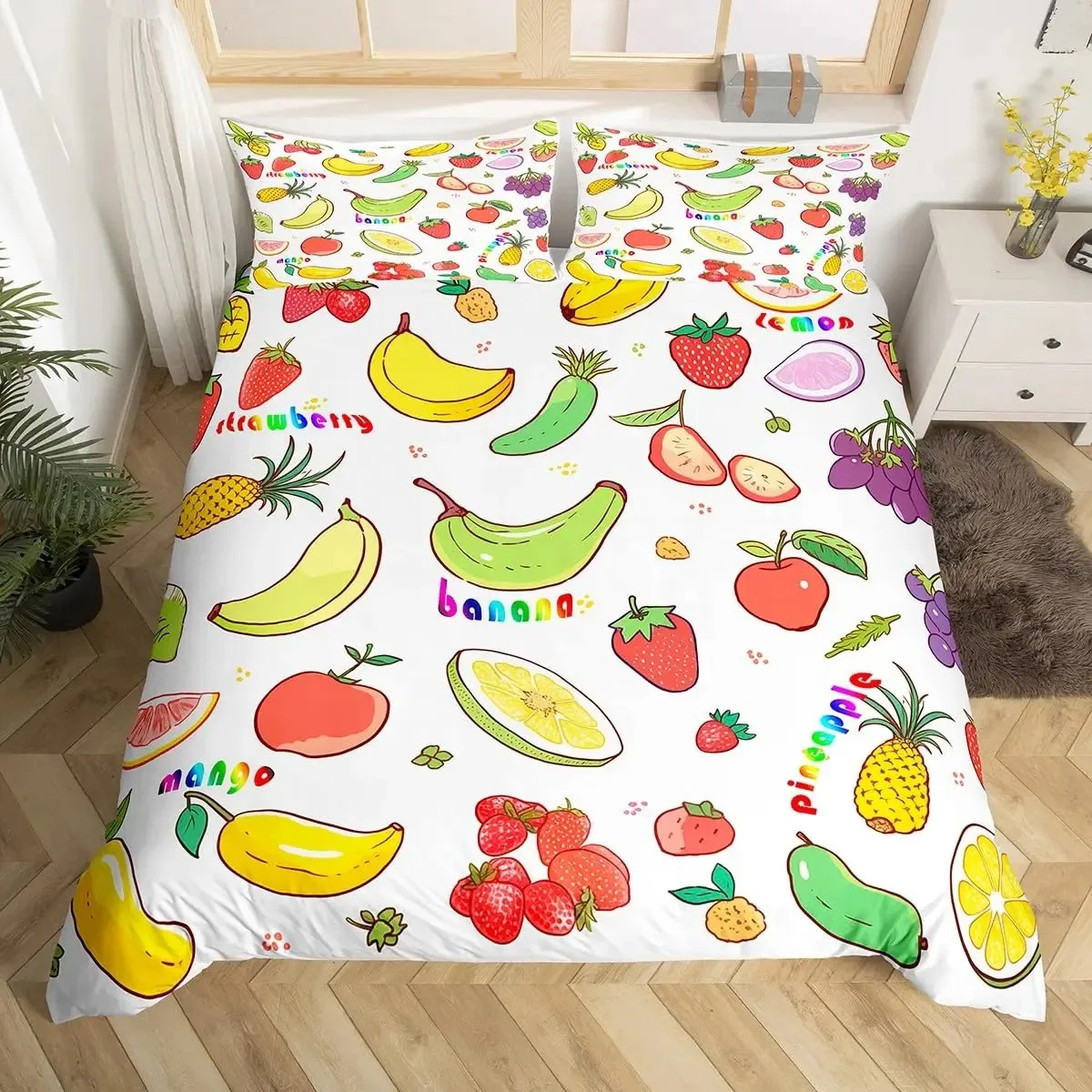 Fruits Duvet Cover Strawberry Banana Mango Lemon Pineapple Bedding Set Grapes Orange Comforter Cover,Summer Fruit Quilt Cover