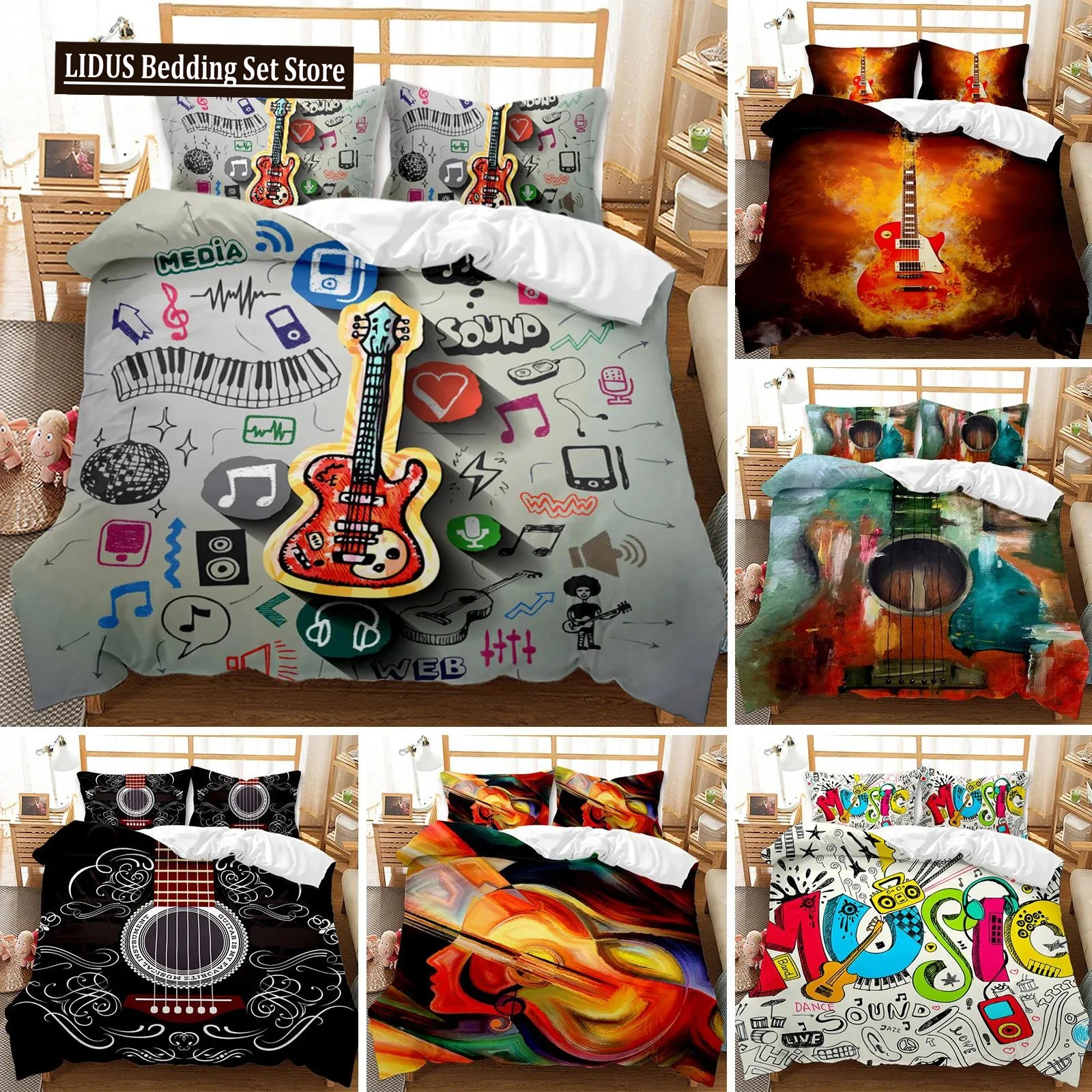 

Guitar Duvet Cover Set Twin Rock Music Comforter Cover Set Hip Hop Hippie Quilt Cover Blue Guitar Polyester Bedding Set For Teen