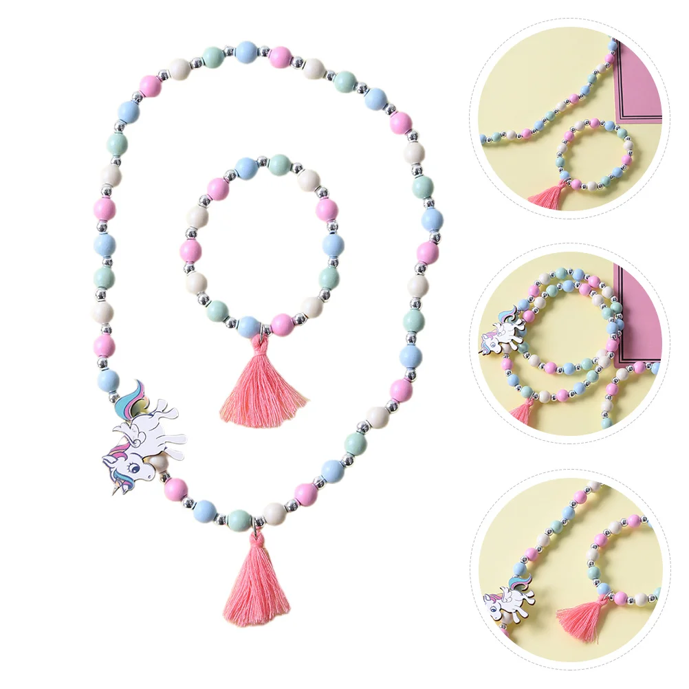 Ensemble de colliers de perles en bois pour enfants, pendentif licorne, bijoux, ensemble de bracelets colorés pour filles, usage quotidien, cadeau de fête, 1 ensemble