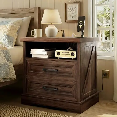 24 Inch Farmhouse Nightstand with Charging Station, Wood Bedside Table with 2 Drawers, Rustic Wood End Table with