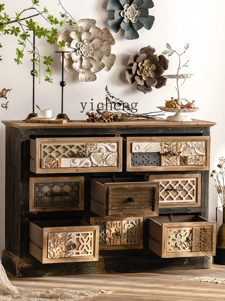 u3 Vintage Chest of Drawers Solid Wood Black Drawer Carved Low Low Cabinet Storage Hallway Cabinet