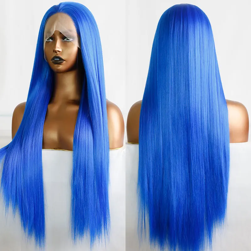 Dark Blue Color Straight Synthetic 13x4 Lace Front Wigs High Quality Heat Resistant Fiber Hair Natural Hairline For Black Women