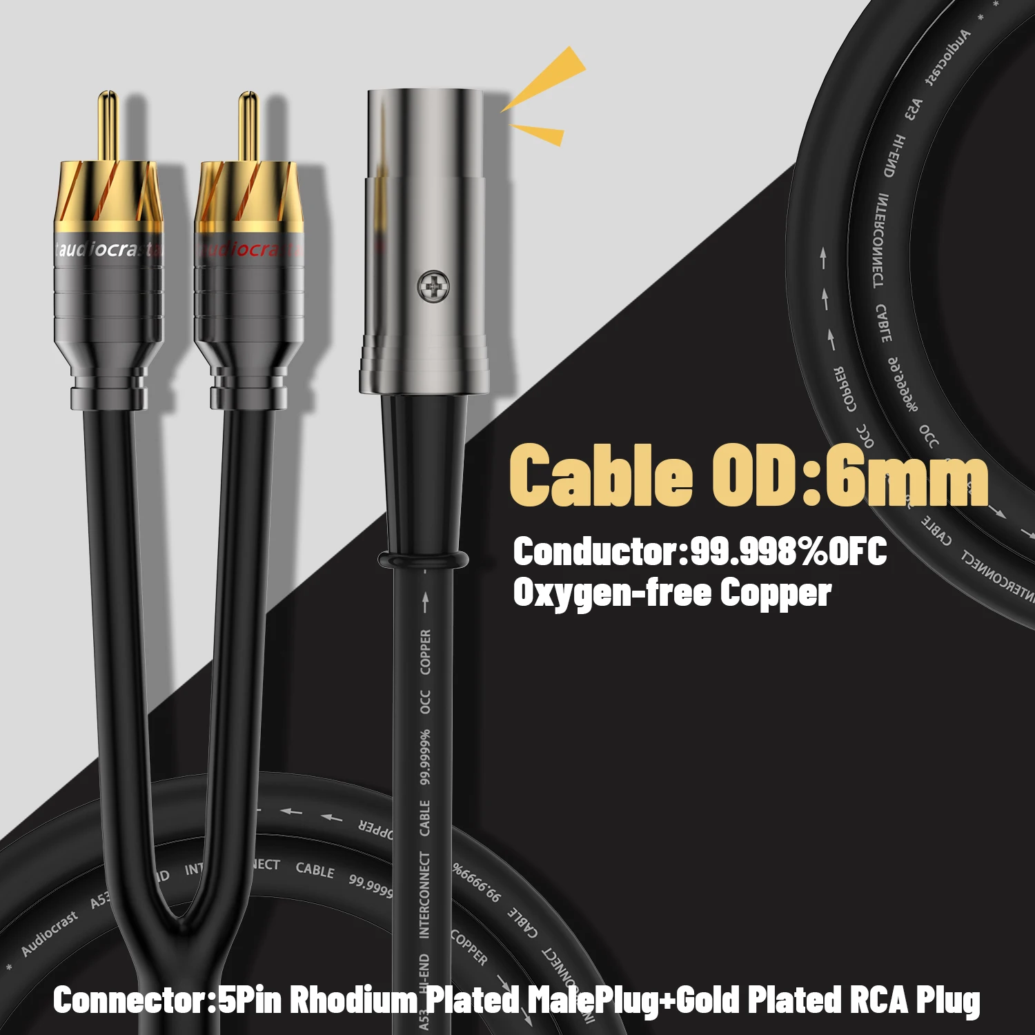 Bild 3: A53 HiFi-Audio-Phono-Kabel mit 5-poligem DIN-Stecker auf zwei Cinch-Steckern, Audiosignalkabel für HiFi-Stereosysteme
