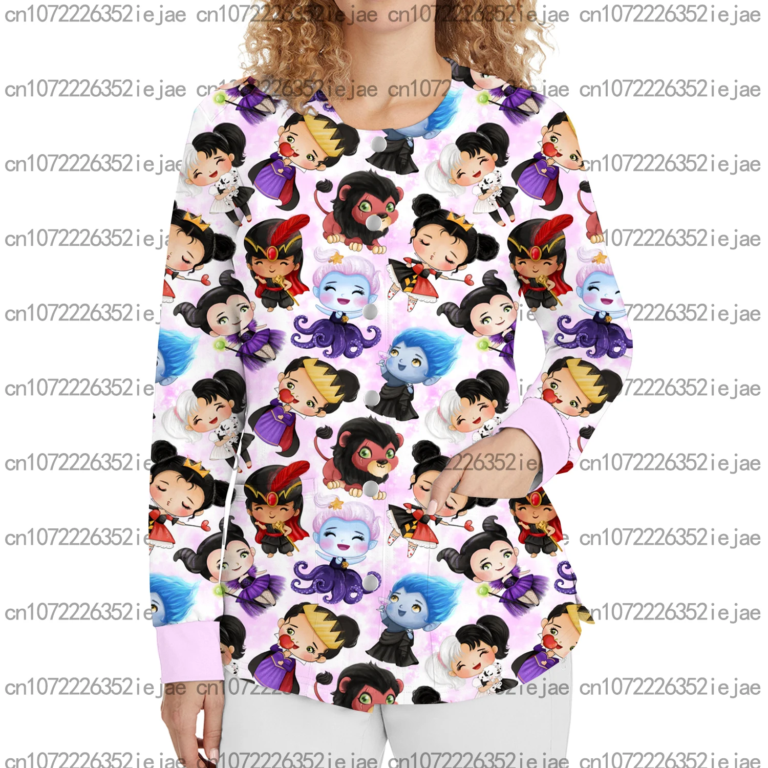 

Новая женская медицинская рабочая форма на Хэллоуин, женская рабочая форма с принтом дьявола, топ-скраб, куртка с круглым вырезом и длинными рукавами