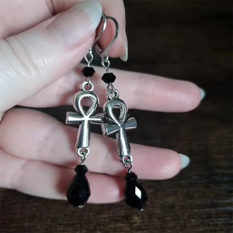 Elegant Gorgeous Gothic Ankh Cross Charm Earrings Black Glass Crystal  Bead Drop Hook Earrings