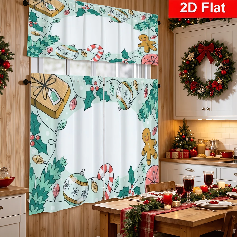 Christmas Kitchen Curtains, Gingerbread Candy Cane Mint, Digital Print, Kitchen Dining Room, Rod Pocket Polyester, Home Decor