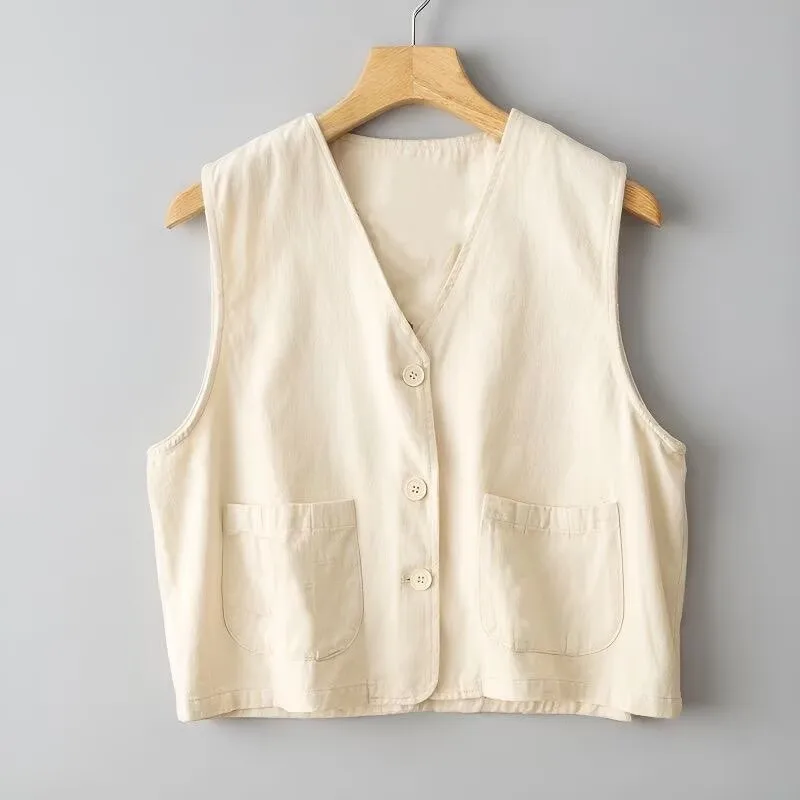Womens Cotton Waistcoat V neck Double Pockets Vest Spring