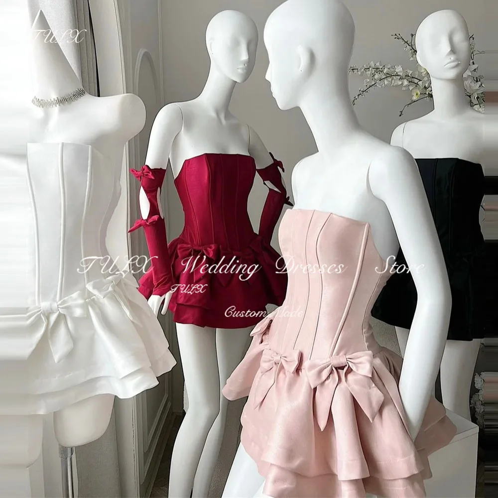 TULX Sexy Strapless Mini Prom Wedding Dresses With Gloves Pleated Satin Evening Dresses Bow Women Party Dress Customized 2025