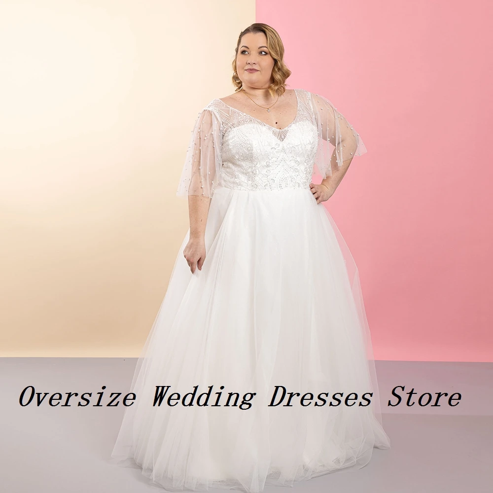 

Plus Size Wedding Dresses for Women Half Sleeve Bridal Gowns for Women 2024 Summer New Soft Tulle Vestidos De Novia New Lace