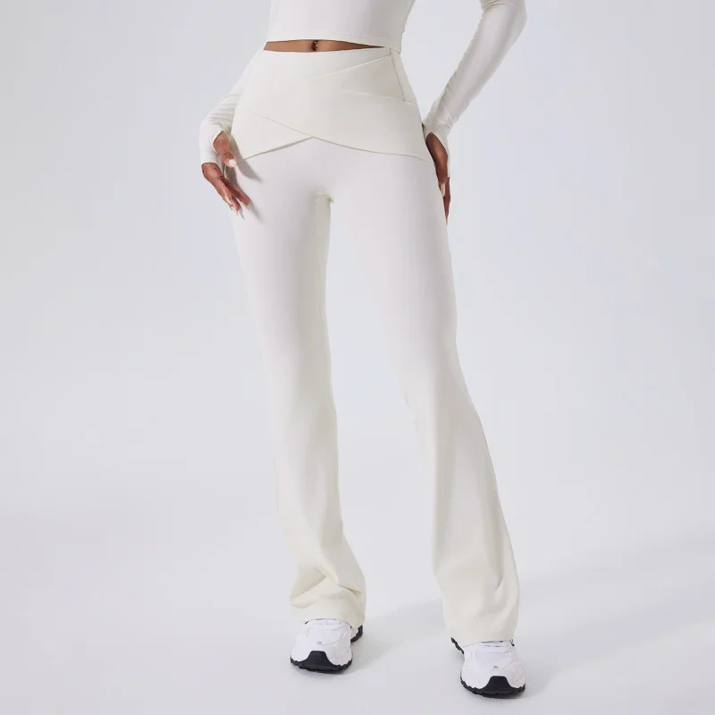 FUBEIKE Shadow High-Waisted Flared Pants Nude Feel Yoga Pants Waistband Cross-Shaping Long Sleeve Outdoor Female Clothing