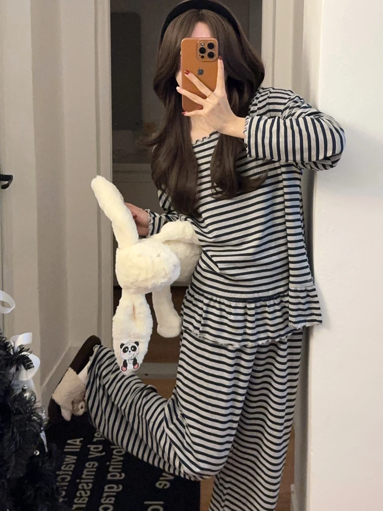 

2026 Spring New Modal Women's Spwear Long Sve Comfortable Princ Sle Home Clothes Set Bla Stripe Casual Loose Fit