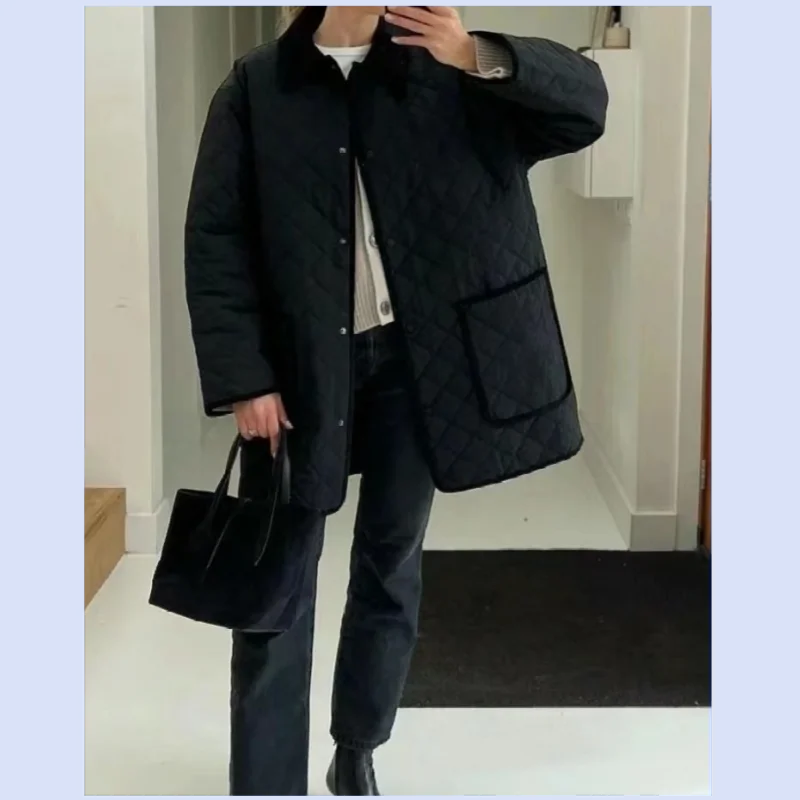 Commuting versatile vintage Nordic style corduroy patchwork collar diamond pattern loose casual cotton jacket
